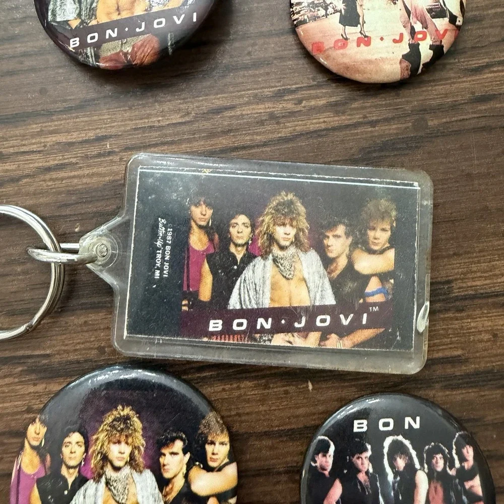 Vintage Bob Jovi Keychain & Button Lot 84-87 Hair Metal Rock Band